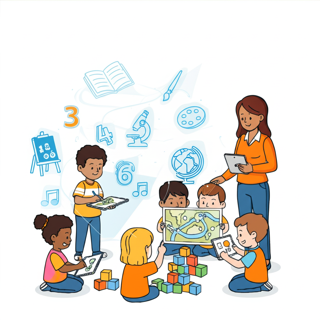 An illustration showing an AI assistant helping an early childhood educator.